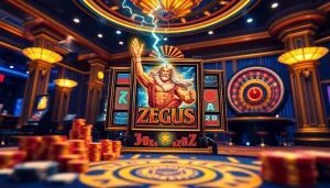Pemain menikmati permainan Slot Zeus dalam suasana kasino yang hidup dengan dekorasi mewah.