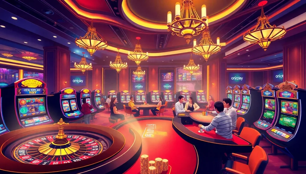 Experience the thrill of onicplay at a luxurious casino, with vibrant roulette wheels and joyful players immersed in gaming.