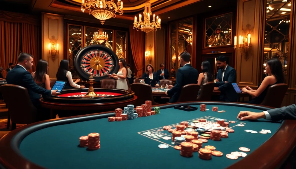 Experience high-stakes poker action at https://nk88net.com/, with vibrant chips and cards in a luxury casino scene.