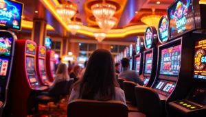 Menggambarkan slot depo 1k dengan pemain yang bersemangat di lingkungan kasino yang modern dan berwarna.