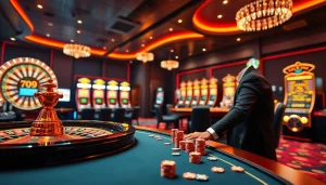 Experience the thrill of betting at Nhà Cái 789P with colorful slot machines and roulette wheels in a vibrant casino environment.