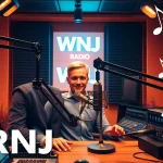 Engaging broadcast studio of WRNJ Radio with a dynamic host and vibrant lighting.