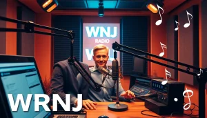 Engaging broadcast studio of WRNJ Radio with a dynamic host and vibrant lighting.