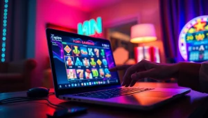 Menggambarkan pengalaman slot depo 1k yang menarik dengan komputer dan permainan slot yang mencolok.