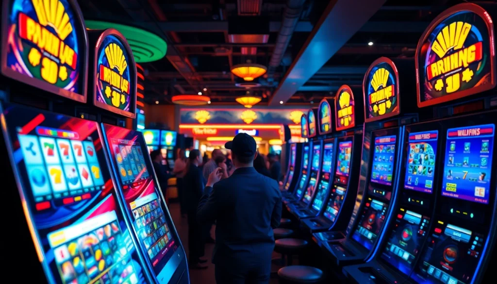 Permainan menarik di bolaslot21 dengan slot machines yang bercahaya menciptakan suasana seru.