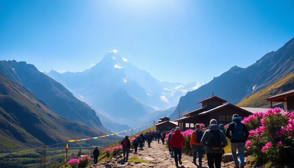 Stunning scene of Manaslu trekking trail featuring trekkers amidst vibrant landscapes.