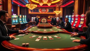 Excited players at a casino blackjack table preparing to deposit 1000 in chips, with vibrant slot machines in the background.