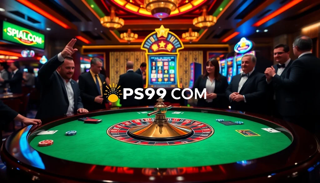 Immersive casino scene showing players at roulette and slots, emphasizing PS99 COM excitement.