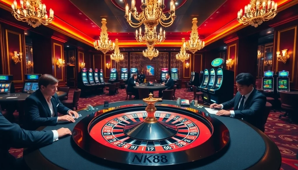 NK88 roulette wheel showcasing high-stakes gameplay in a luxurious casino setting.
