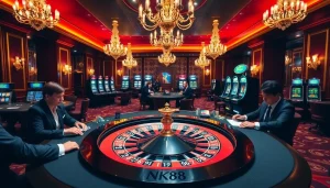 NK88 roulette wheel showcasing high-stakes gameplay in a luxurious casino setting.