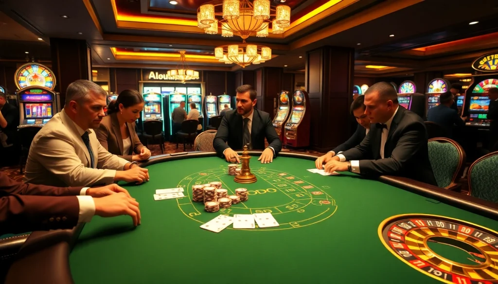 SODO casino scene featuring a vibrant poker table with players and a shining roulette wheel, highlighting luxury and excitement.