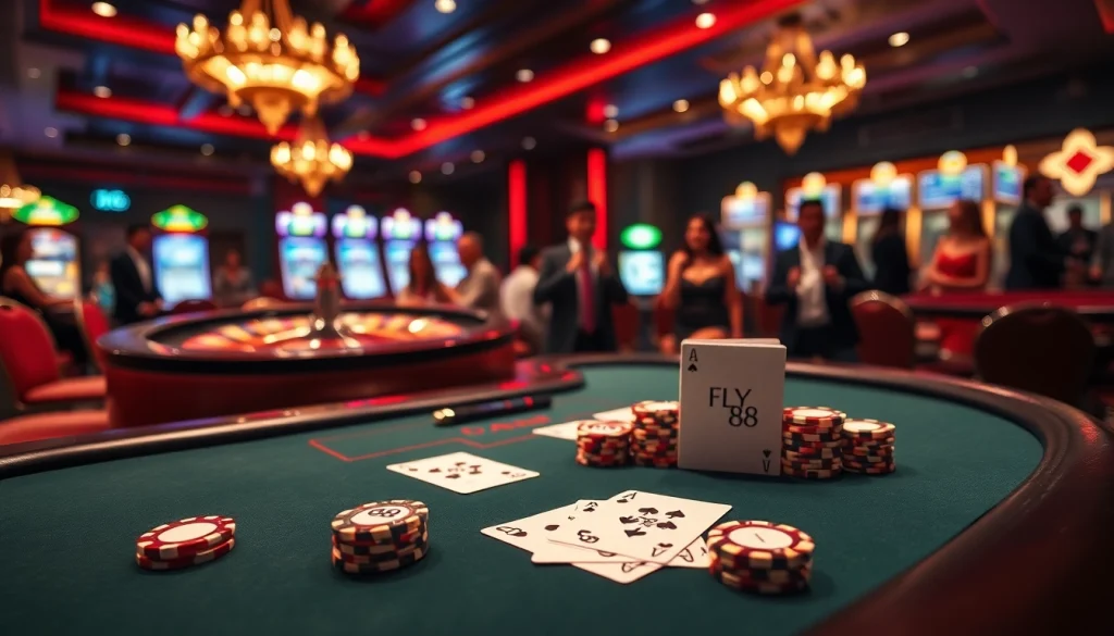 Experience thrilling gameplay at FLY 88's luxurious poker table amidst an exciting casino atmosphere.