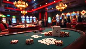 Experience thrilling gameplay at FLY 88's luxurious poker table amidst an exciting casino atmosphere.
