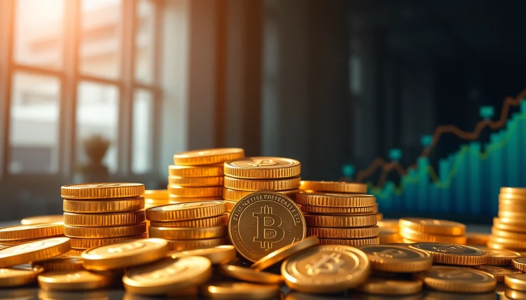 Illustration of gold price today with coins and financial graphs in a sleek office setting.