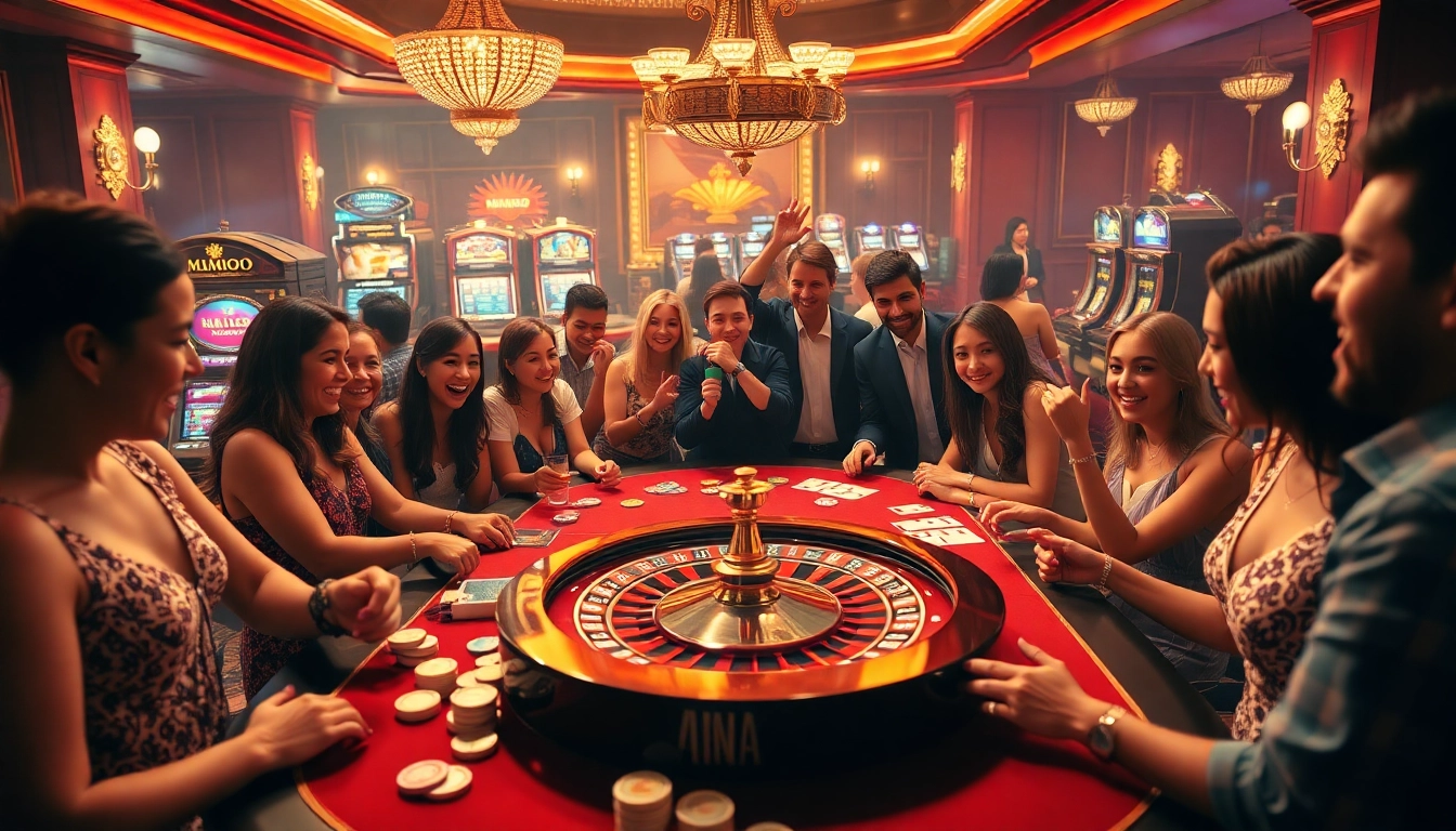 Players enjoy a lively game at MMOO casino, showcasing poker chips, cards, and roulette.