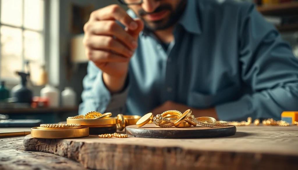 Valutazione del compro oro con gioielli preziosi e attrezzature nel laboratorio