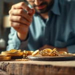 Valutazione del compro oro con gioielli preziosi e attrezzature nel laboratorio