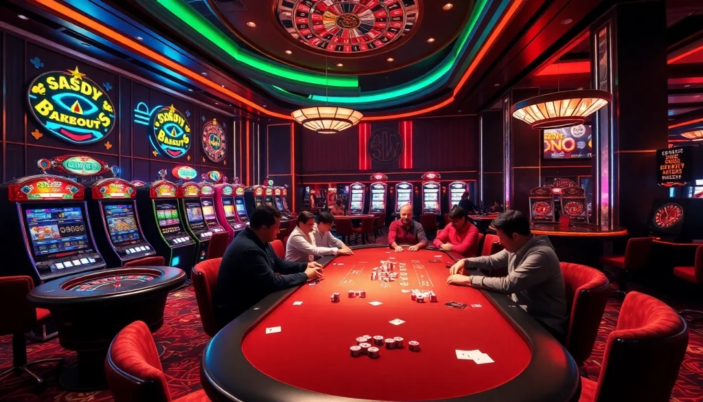 SODO Casino players engaging in a thrilling poker game amidst vibrant casino lights and excitement.