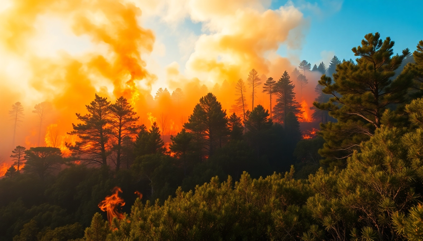 Illustration of Wildfire events with firefighters combating flames in a forest setting.