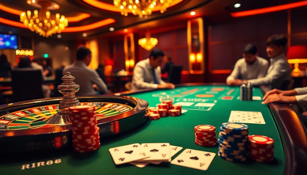 Engaging players explore RR88 at a luxurious casino table with vibrant poker chips and roulette wheel.