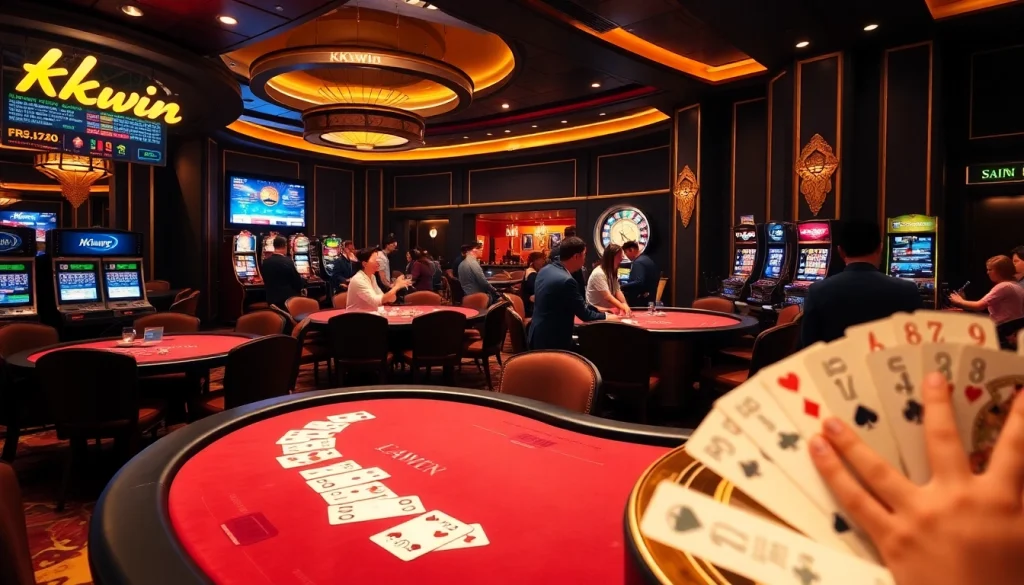 Kkwin players enjoying a lively casino atmosphere with poker and slot machines.