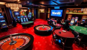 Man88 casino scene showcasing elegant roulette, poker tables, and excited players.