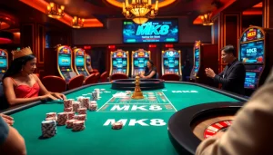 Action-packed MK8 casino scene with vibrant betting tables, poker chips, and excited players.