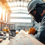 Engineered structural steel fabrication illustrated with a welder showcasing craftsmanship.