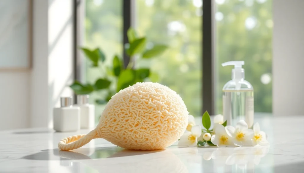 Use a makeup remover loofah gently placed on a marble vanity, accentuating its texture and spa-like appeal.