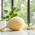 Use a makeup remover loofah gently placed on a marble vanity, accentuating its texture and spa-like appeal.