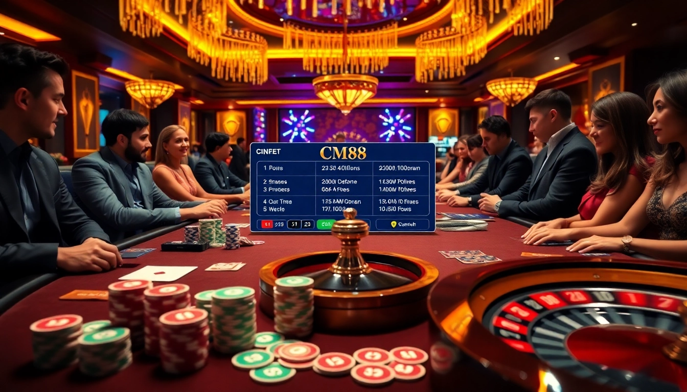Players experience CM88 excitement at a vibrant poker table in a luxurious casino setting.