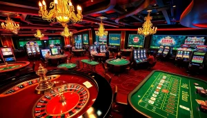 Players enjoying casino games at https://uu88ae.com/ with colorful slot machines and poker tables.