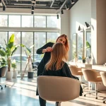 Frizerie Craiova: hairstylist working on a client's trendy haircut in a modern salon.