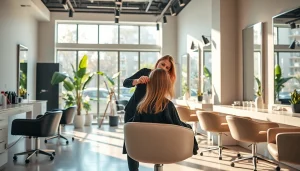 Frizerie Craiova: hairstylist working on a client's trendy haircut in a modern salon.