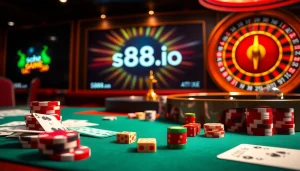Enjoy thrilling gameplay at s88a.io with vibrant casino elements like poker chips and a roulette wheel.