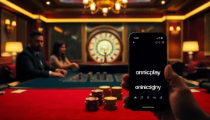 Onicplay app displayed on a smartphone amidst an elegant casino scene with poker chips and cards.