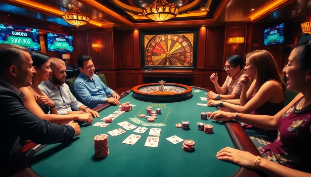 Players strategizing at the rikvip poker table with colorful chips and warm lighting.