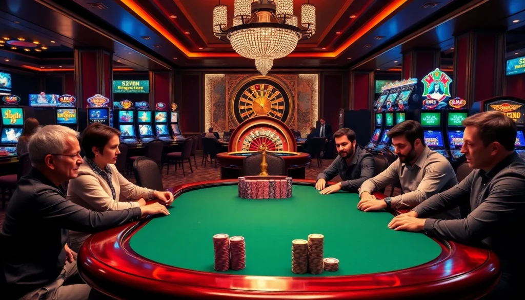 Players enjoying a thrilling poker game at 32win's luxurious casino setting.