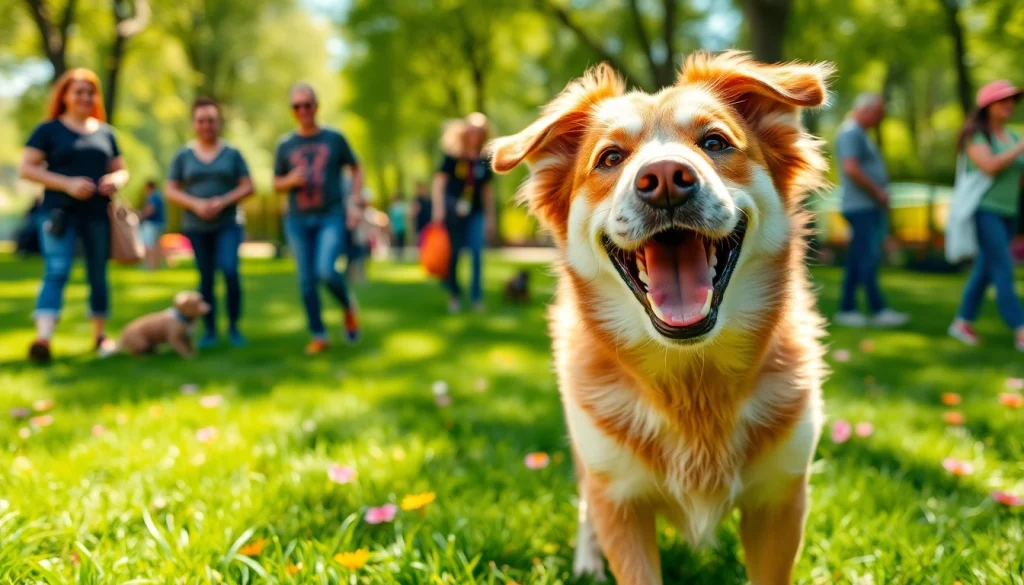 Een gelukkige hond speelt in het park terwijl mensen betrokken zijn bij hondenverzorging, www.hondenverzorgers.nl benadrukkend.