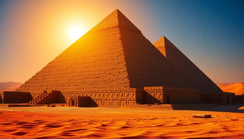 Unveil the majestic Egyptian pyramids at https://piraminds.com/ with a stunning sunset backdrop.
