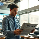 Journalist engaged in writing for Usa Today in a vibrant newsroom environment.