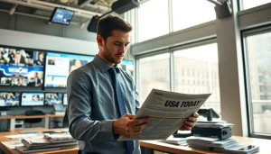 Journalist engaged in writing for Usa Today in a vibrant newsroom environment.