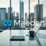 Maeden logo displayed in a modern office workspace with a laptop and vibrant city skyline.