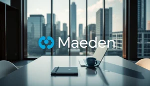 Maeden logo displayed in a modern office workspace with a laptop and vibrant city skyline.