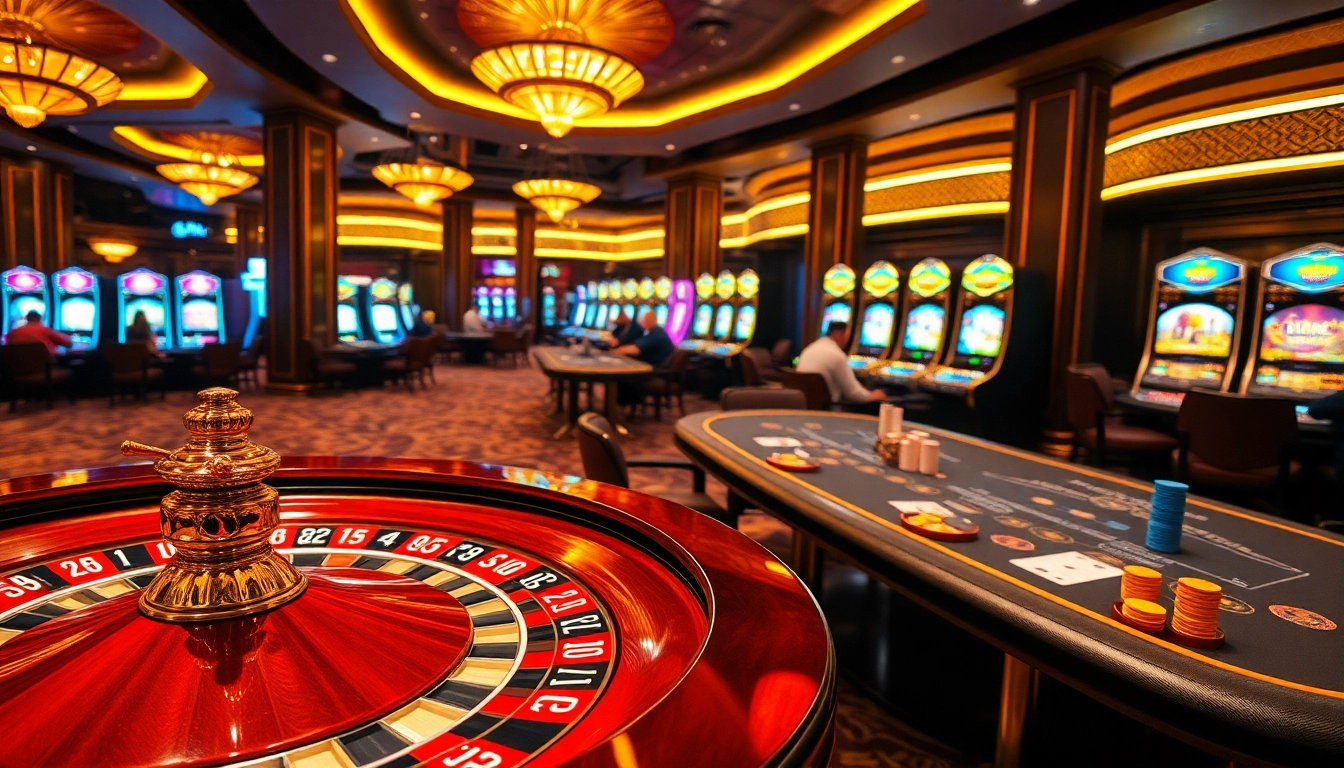 Experience excitement with DN88-themed casino tables and vibrant slot machines in a luxurious atmosphere.