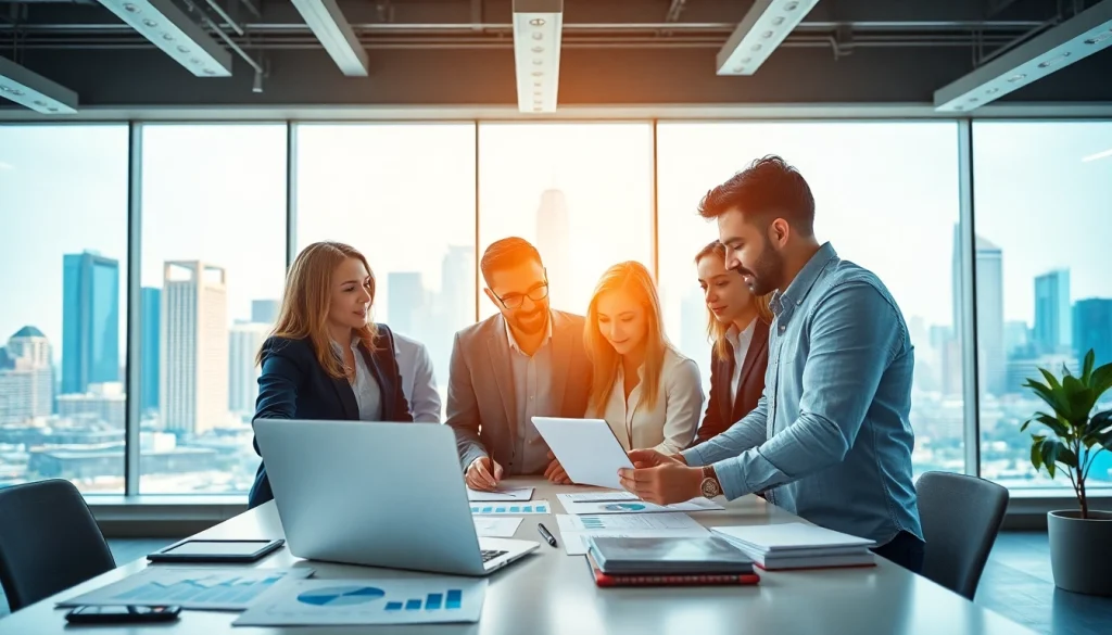Engaged digital marketing team planning strategy in a modern office setting.