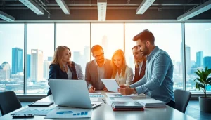 Engaged digital marketing team planning strategy in a modern office setting.