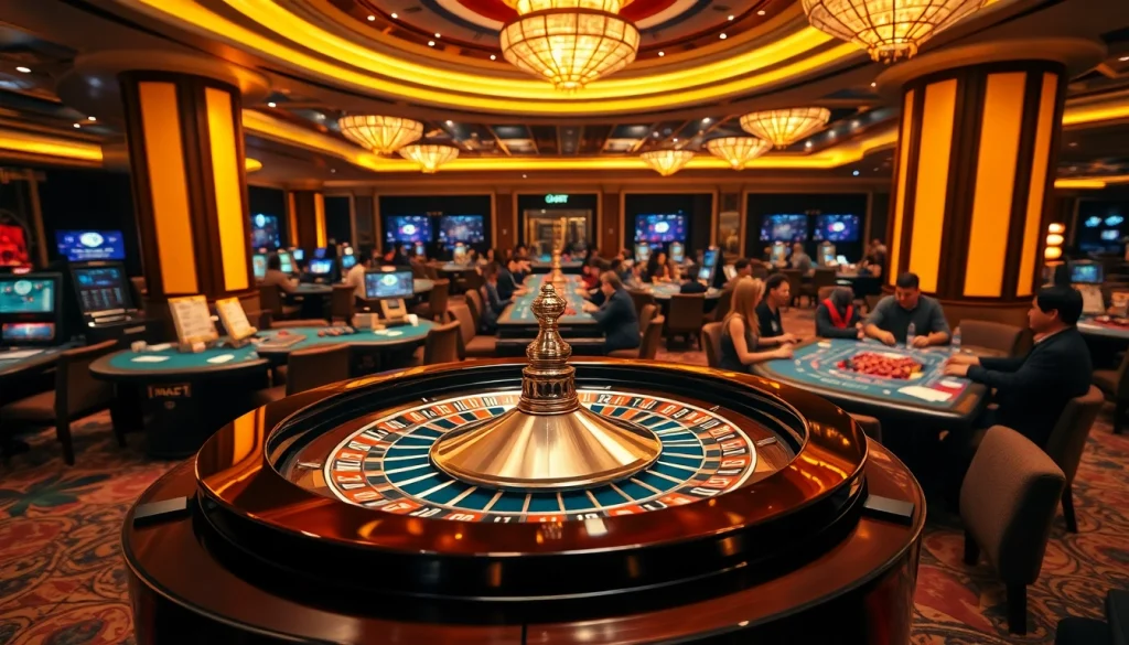 Experience thrilling gameplay at SOIBET, featuring vibrant casino tables and a dynamic roulette wheel.