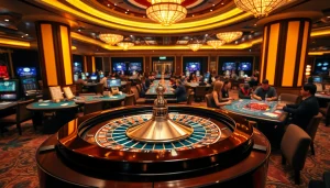 Experience thrilling gameplay at SOIBET, featuring vibrant casino tables and a dynamic roulette wheel.