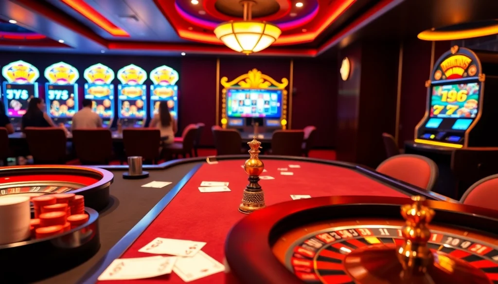 Exciting gaming experience at trang chủ PS99 with vibrant slot machines and casino tables.